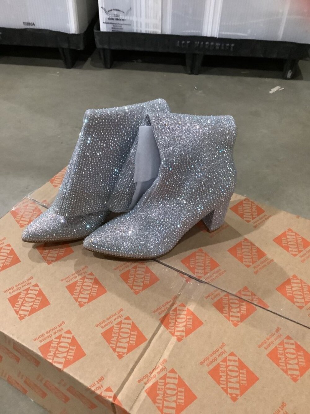 Forever Women Pointed Toe Rhinestone Block Medium Heel Knee High Boots Iceberg